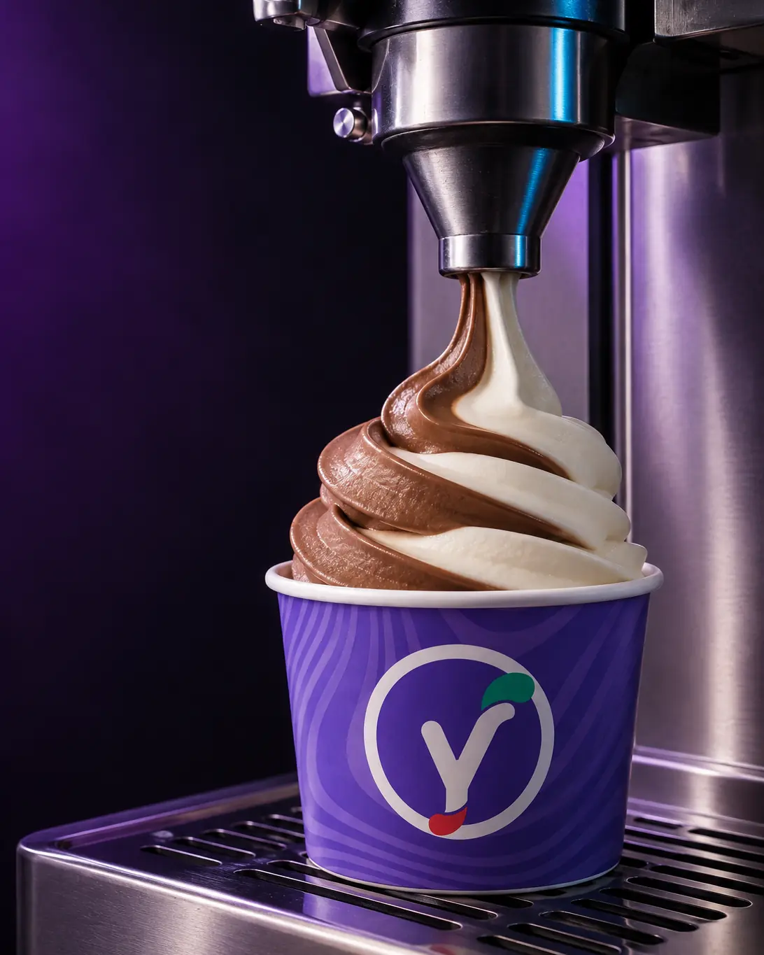 Sorvete soft mesclado de chocolate e baunilha saindo de uma máquina profissional